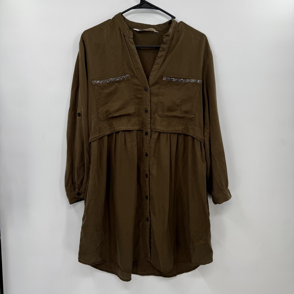 ZARA Olive Green‎ Tencel Button Front Shirt Dress Embellished Pockets Size S